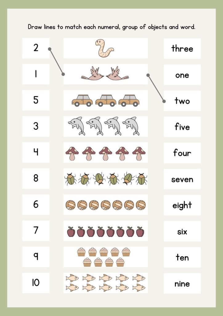 5.Draw lines to match each number worksheets pdf